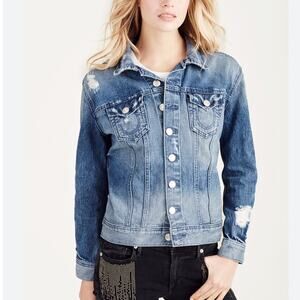 True Religion Gigi Destroyed Medium Wash Rigid Denim Trucker Jacket Women's S